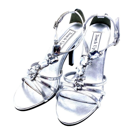Touch Ups Silver Chunky Rhinestone Strappy High Heel Sandals 6 Black Tie - Picture 1 of 12